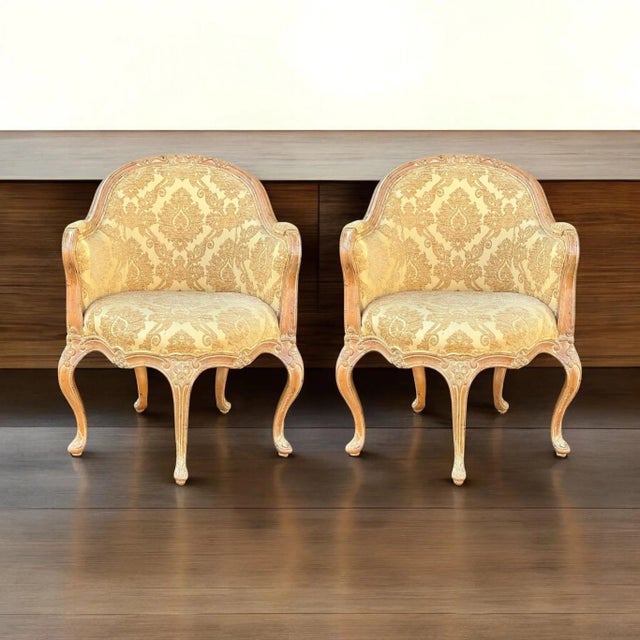Wood Italian Carved & Cerused Pine French Louis XV Style Barrel Tub Chairs - Pair For Sale - Image 7 of 16