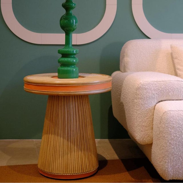 Contemporary Java Side Table in Tinted Rattan and Imitation Grained Leather by Popus Editions For Sale - Image 3 of 5