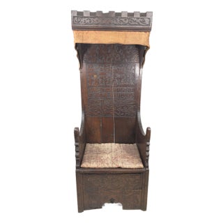 Antique German Carved Pine Wood Cathedra Throne Chair 18th C. Or Medieval For Sale