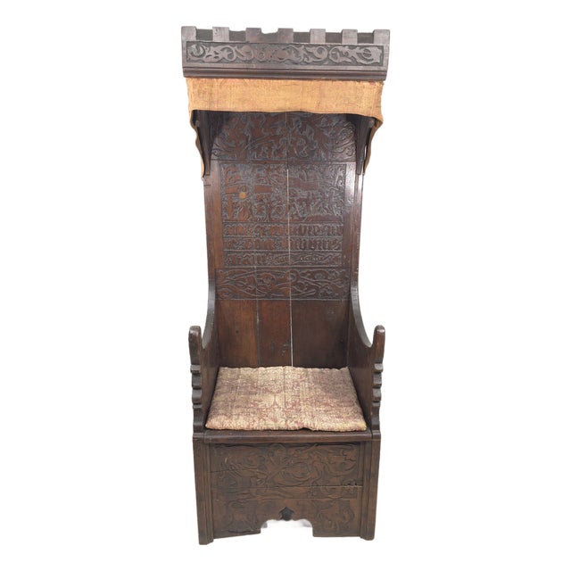 Antique German Carved Pine Wood Cathedra Throne Chair 18th C. Or Medieval For Sale
