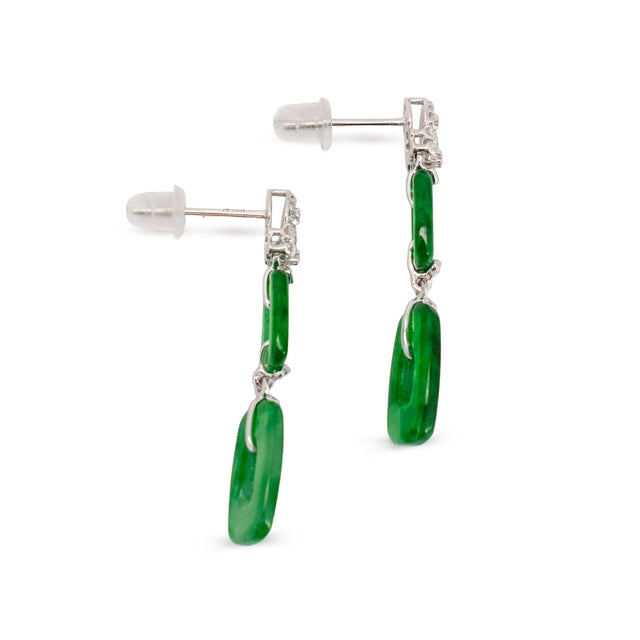 Modern 18k White Gold 2.50ct Green Myanmar Jadeite Jade Diamond Dangle Earrings, A Pair For Sale - Image 3 of 7