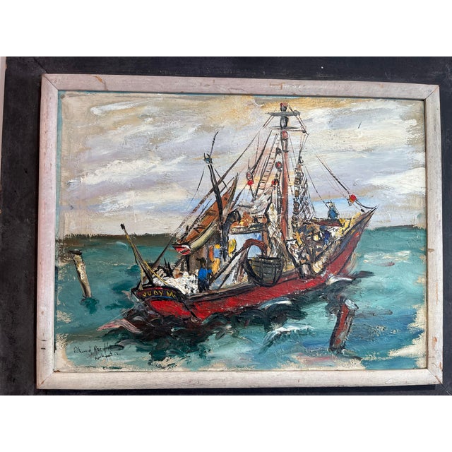 Nautical 1950s Mid Century Acrylic on Board Painting of a Boat at Sea For Sale - Image 3 of 12