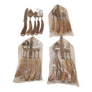 1990s Antler and Stainless Steel Flatware 5pc. Set for Four - 20 pcs For Sale