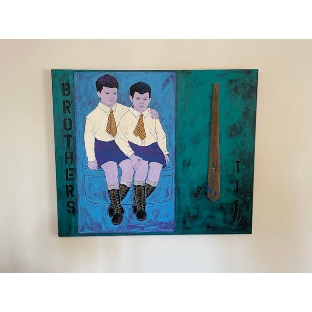 This acrylic on canvas painting features two young boys, presumably brothers, dressed identically in school uniforms with...