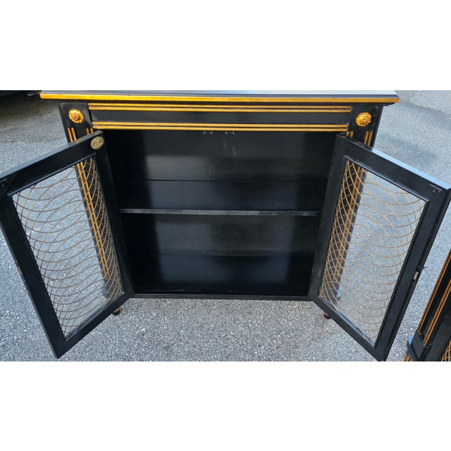 Pair of Baker Furniture Neoclassical Black Lacquer and Gilt Cabinets With Decorative Wire-Mesh Grille Doors, Late 20th Century For Sale - Image 11 of 17