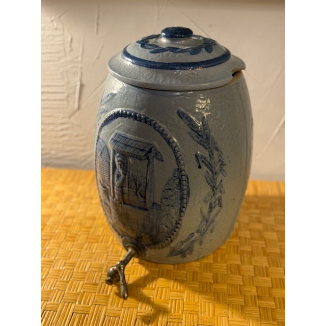 American Antique Blue Salt Glazed Stoneware Water Crock With Scene For Sale - Image 3 of 11