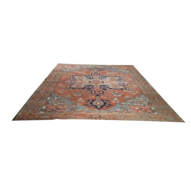 Antique Grand Medallion Persian Serapi Hand Made Rug - 11'6" X 15' - Size Cat. 10x14 12x15 For Sale