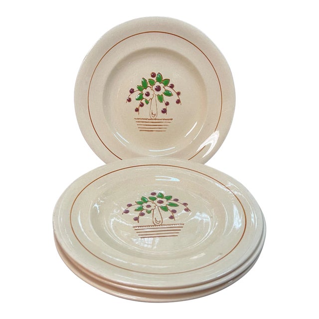 Set of 4 French Longwy Faïence 9" Plates With Raised Enamel Cherries, Art Nouveau For Sale