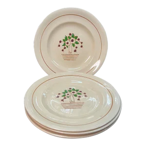 Set of 4 French Longwy Faïence 9" Plates With Raised Enamel Cherries, Art Nouveau