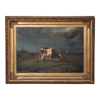 19th Century Large Swedish Oil on Canvas Painting of Three Cows For Sale