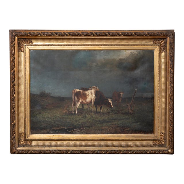 19th Century Large Swedish Oil on Canvas Painting of Three Cows For Sale