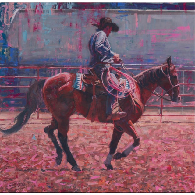 Pink Rope by Jeff Slemons | Gouache On Illustration Board Horseback rider preparing to rope. For Sale