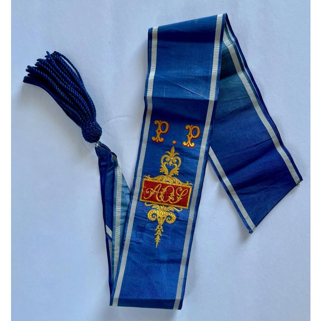 French Antique Blue Jacquard Woven Silk Decorative Sash - For Sale - Image 3 of 7