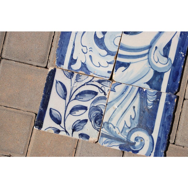 Antique 18th Century Portuguese Blue & White Tiles Featuring Ornamental Acanthus Curves Set of 6 For Sale - Image 6 of 8