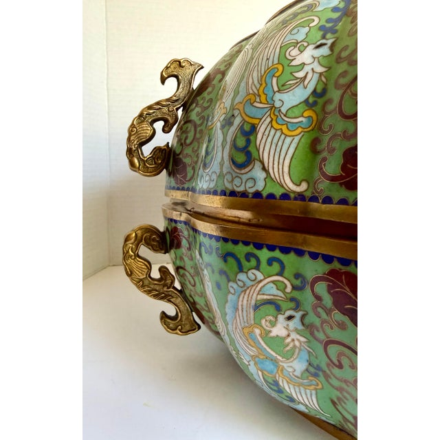 Vintage Chinese Cloisonné Pumpkin Form Lidded Vessel With Phoenix & Peony Decoration For Sale - Image 9 of 15
