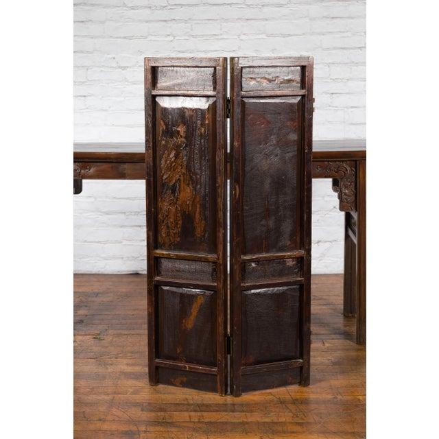 Early 20th Century Chinese Brown & Red Two-Panel Screen with Calligraphy For Sale - Image 10 of 13
