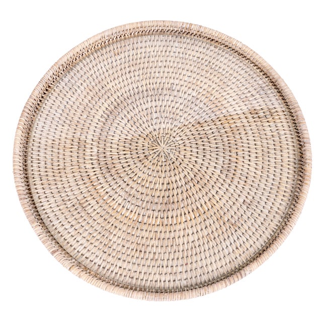 White Artifacts Rattan 16" Round Serving Tray, White Wash with Glass Insert For Sale - Image 8 of 12