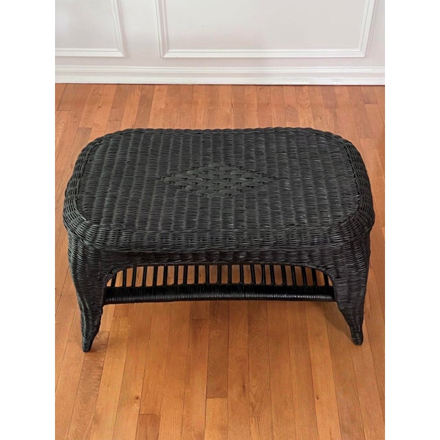 Wood French Small Wicker Woven Coffee Table in Black With Lower Rattan Shelf, C. 1970 For Sale - Image 7 of 16