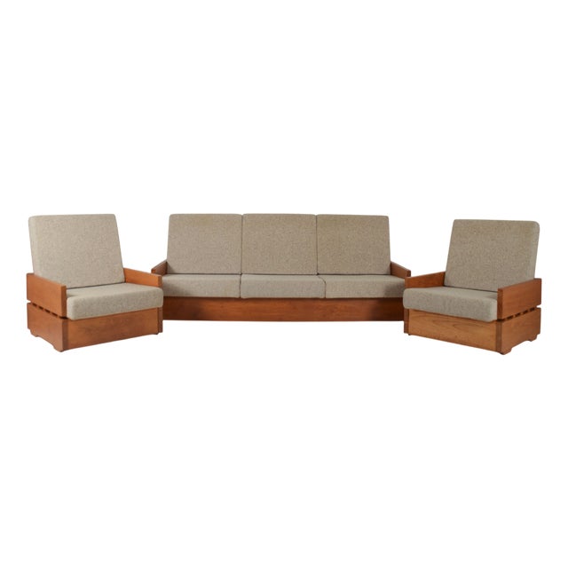 Brutalist Armchairs in Wood, 1970s, Set of 3 For Sale