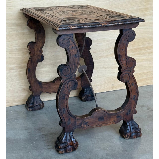 Side Table of Walnut with Carved Lyre Legs and Top, Spanish, 19th Century For Sale - Image 6 of 18