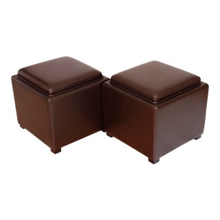 Crate & Barrel Brown Leather Cube Ottomans - a Pair For Sale
