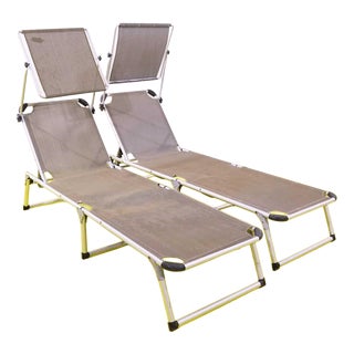 Folding Sun Loungers in Aluminum and Perforated Fabric, Set of 2 For Sale