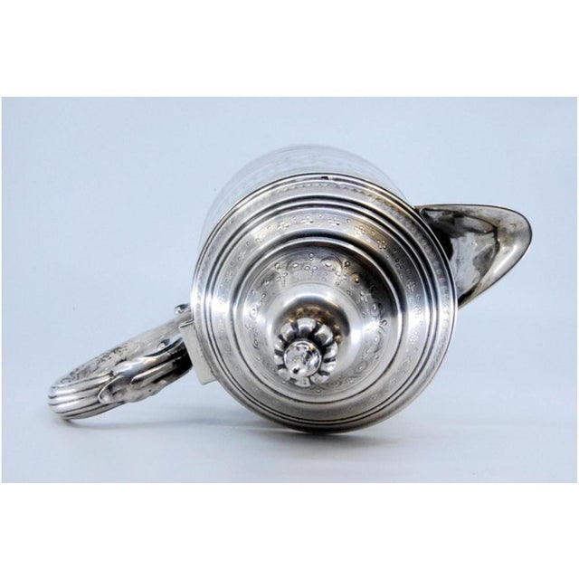 Silver Wine Jug with Faceted Glass, Lid, Handle and Engraved Surround with Bacchus Head For Sale - Image 4 of 11