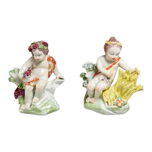 Pair Antique 18th Century Chelsea Porcelain Cherub Figures Emblematic of the Seasons - Summer and Autumn 1760
