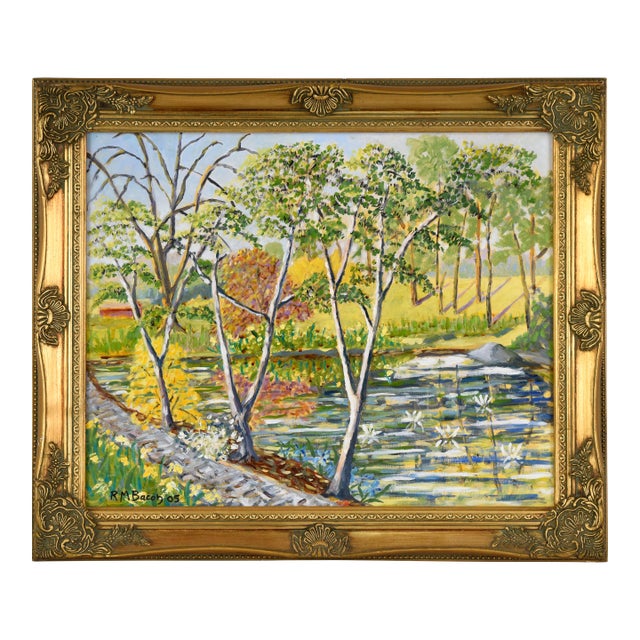 "Wally's Pond" Rural Landscape in Oil on Masonite by Richard M. Bacon For Sale
