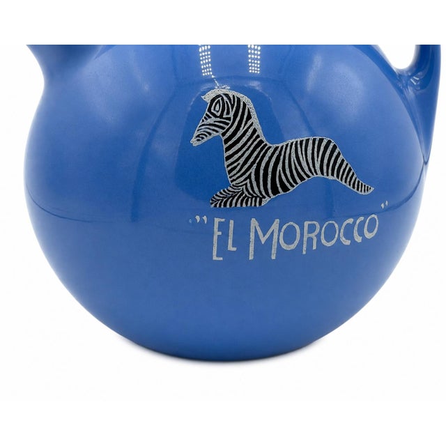 Mid 20th Century Vintage El Morocco Nyc Nightclub Blue Ceramic Water Pitcher Zebra Logo Barware For Sale - Image 5 of 11