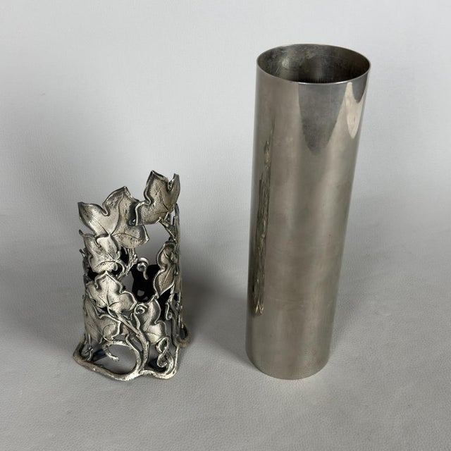 Cylindrical Silver-Plated Brass Vase with Removable Base and Ivy Leaves For Sale - Image 5 of 13