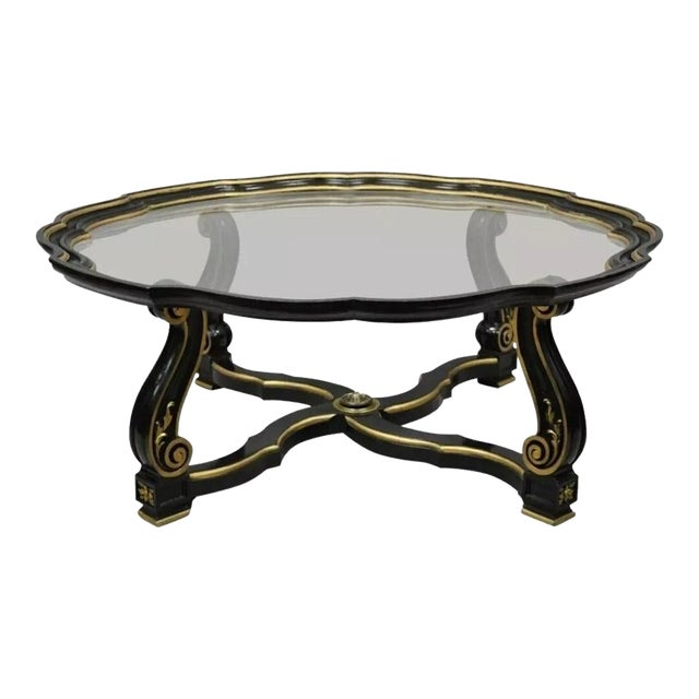 Vintage Italian Hollywood Regency Style Black and Gold Glass Top Coffee Table For Sale