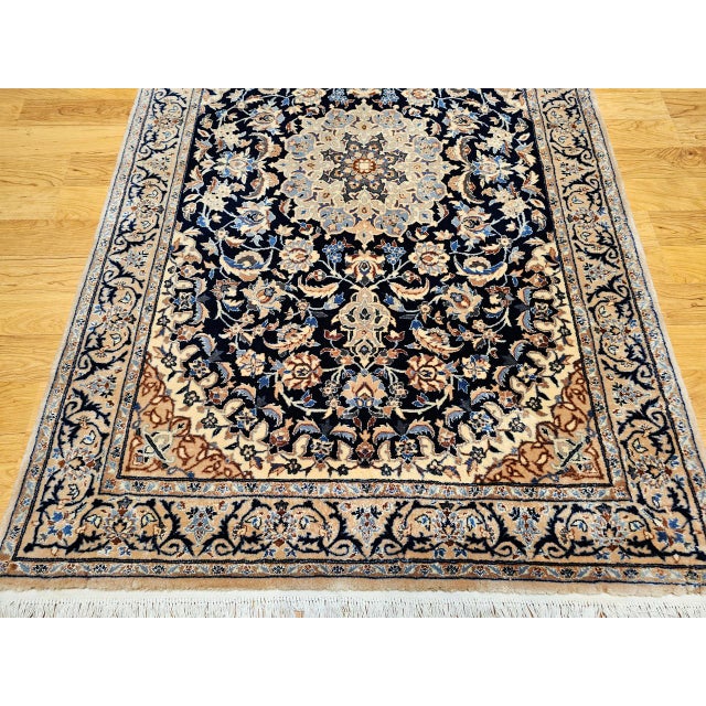 Vintage Persian Nain Area Rug, Hand-Knotted Wool & Silk, Floral Pattern, 4x6, Navy & Ivory For Sale - Image 13 of 18