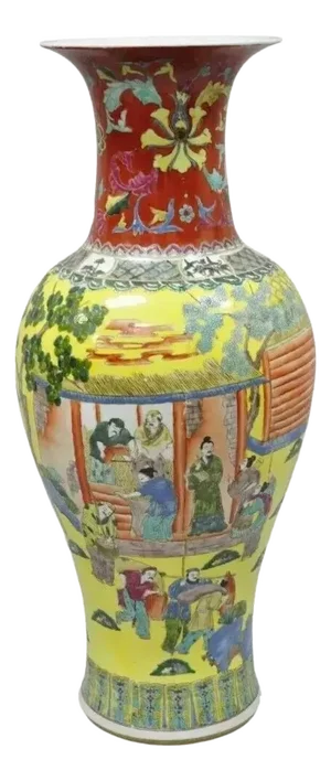 Vintage Chinese Famille Rose Yellow Porcelain Urn Vase Temple Vessel Jar