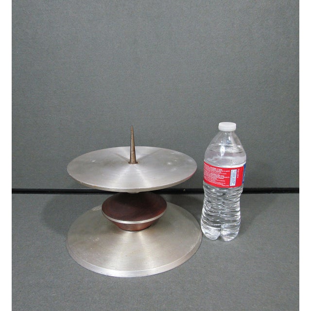 Mid-Century Aluminum & Wood Pricket Candlestick Pair, Scandinavian Modern, 9.75in Diameter For Sale - Image 9 of 9