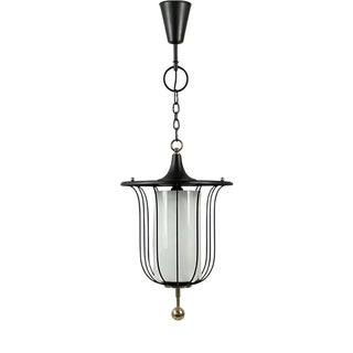 Mid-Century Black Caged Lantern Pendant in Brass and Milk Glass, France, 1950s For Sale