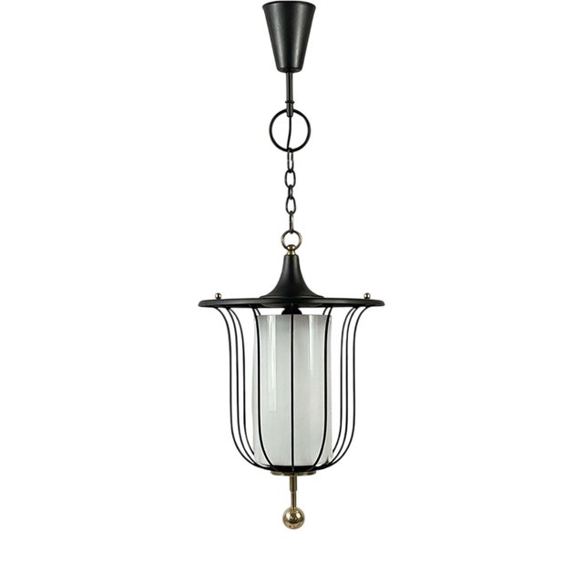 Mid-Century Black Caged Lantern Pendant in Brass and Milk Glass, France, 1950s For Sale