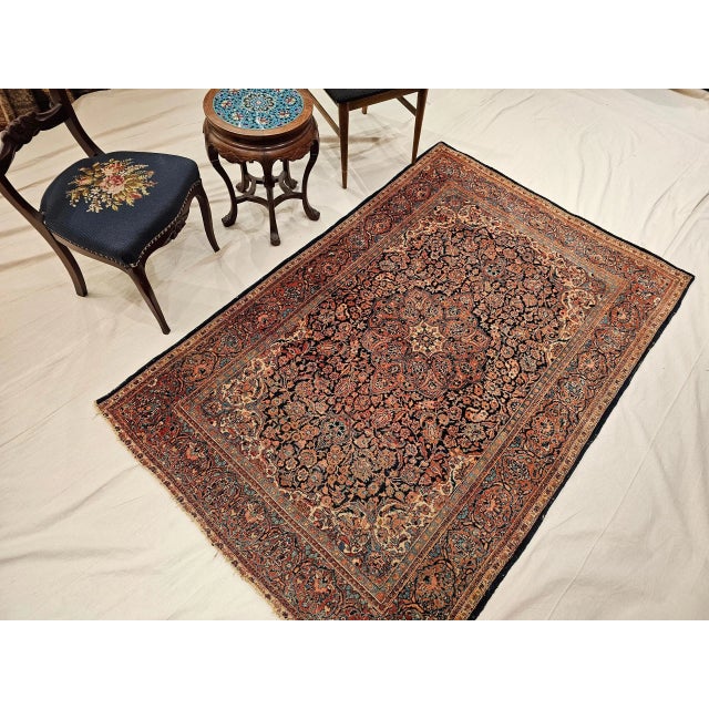 Cream Vintage Persian Kashan Area Rug, Handwoven Floral Pattern, Navy & Blue, 5’ X 7’ For Sale - Image 8 of 12