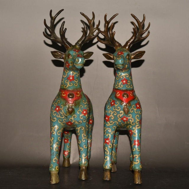 Monumental Pair of Vintage Cloisonné Enamel & Gilt Bronze Deer Figures For Sale In Los Angeles - Image 6 of 9