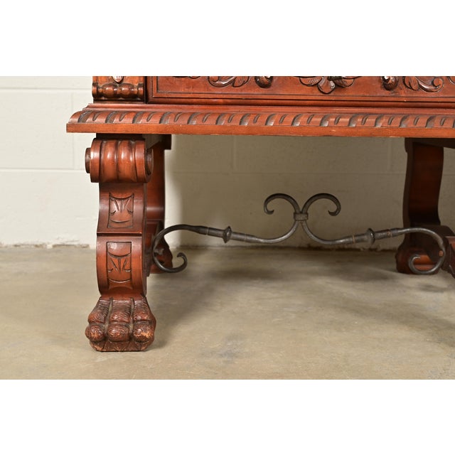 Antique Spanish Renaissance Revival Monumental Ornate Carved Walnut Sideboard or Bar Cabinet For Sale - Image 11 of 15