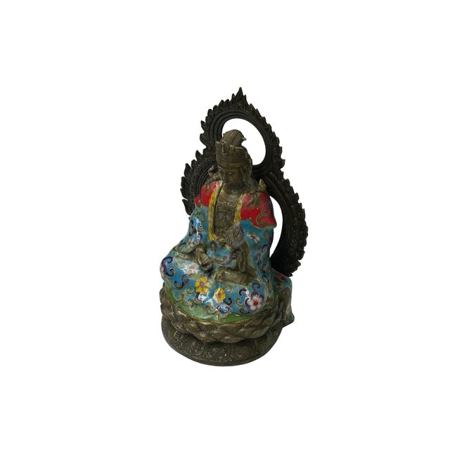 Vintage Cloisonne Enamel Lotus Bodhisattva Metal Buddha Statue For Sale - Image 9 of 11