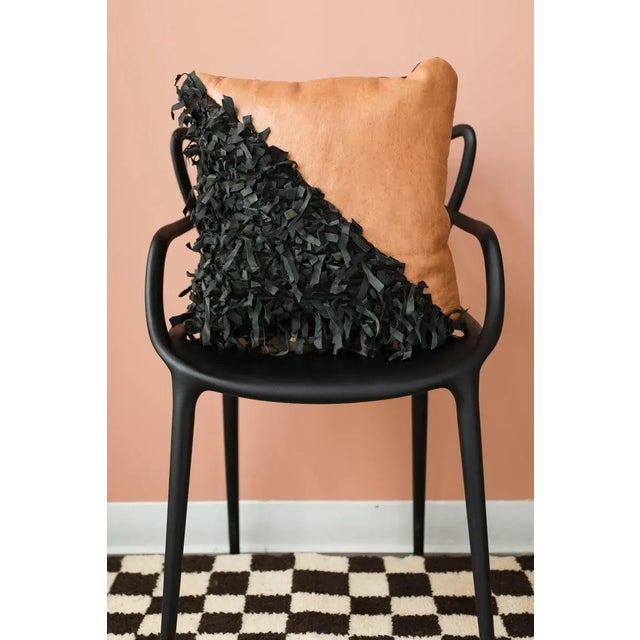Handmade Geometric Shag Leather Decorative Pillow - Desert Sand & Black 18 X 18" Inches For Sale In New York - Image 6 of 12