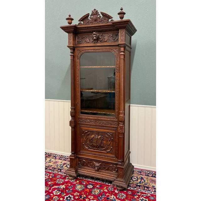 Antique French Renaissance Revival Scholars Bookcase Cabinet Carved Oak 19th C For Sale - Image 12 of 15