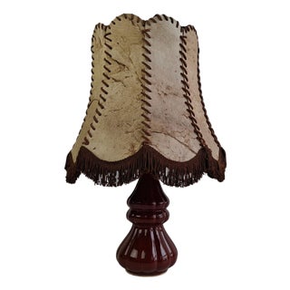Vintage Ceramic Table Lamp with Hand-Stitched Leather Shade, 1980s For Sale