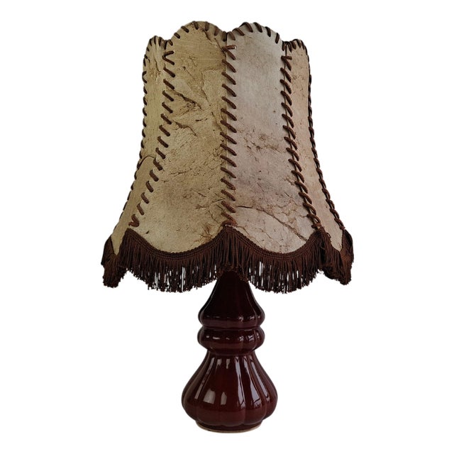 Vintage Ceramic Table Lamp with Hand-Stitched Leather Shade, 1980s For Sale