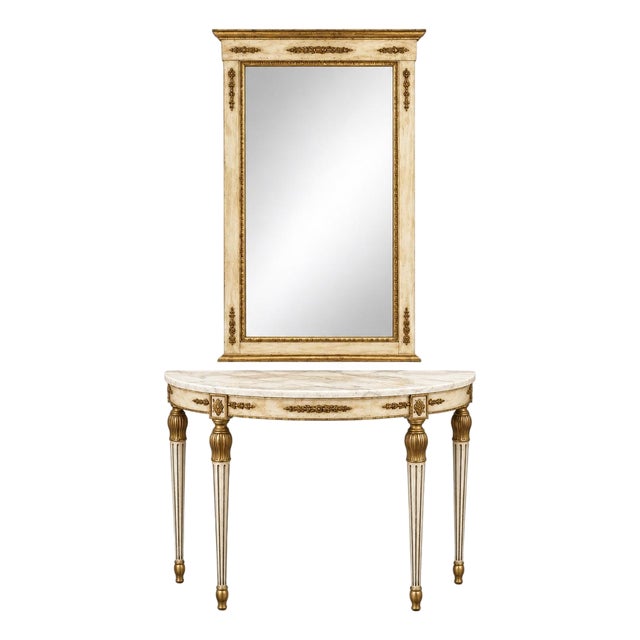 Italian Neoclassical Louis XVI Demilune Marble Top Console Table & Mirror For Sale