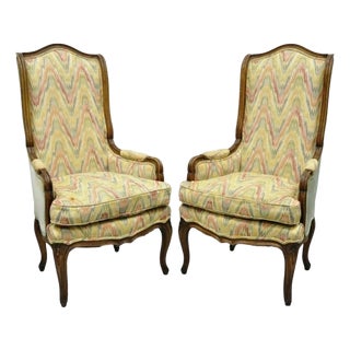 Vintage French Country Provincial High Back Walnut Arm Chairs (A) - A Pair For Sale