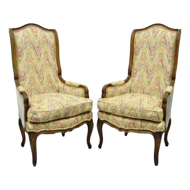 Vintage French Country Provincial High Back Walnut Arm Chairs (A) - A Pair For Sale
