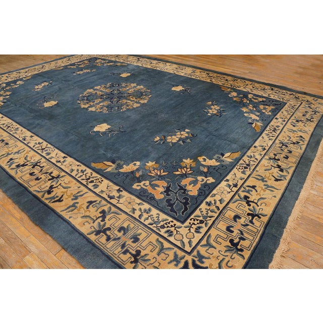 Art Deco Astonishing Royal Blue Background Color With Pretty Floral-Medallion Design Antique Chinese Rug For Sale - Image 3 of 11