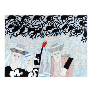 Vintage Abstract Black Cats by Benicio Nunez Painting For Sale